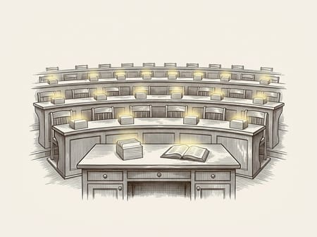 Engraving of a lecture hall: a teacher’s desk with index cards and an open book, rows of student desks behind, each with cards glowing gold