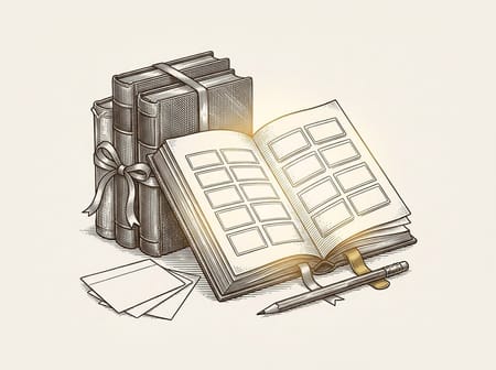 Engraving of old handbooks tied with ribbon, one open to diagrams of cards laid in rows, with a pencil and loose cards