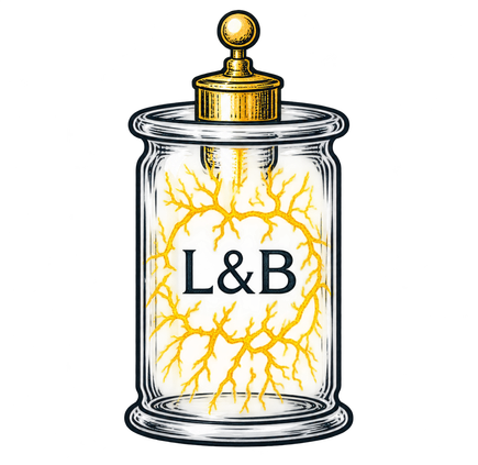 A glass Leyden jar with a brass cap, golden lightning branching inside around the letters L&B