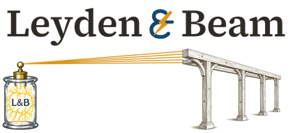 The Leyden & Beam logo: beneath the words Leyden & Beam, gold light runs from a glass jar of lightning to an engraved timber frame of four posts
