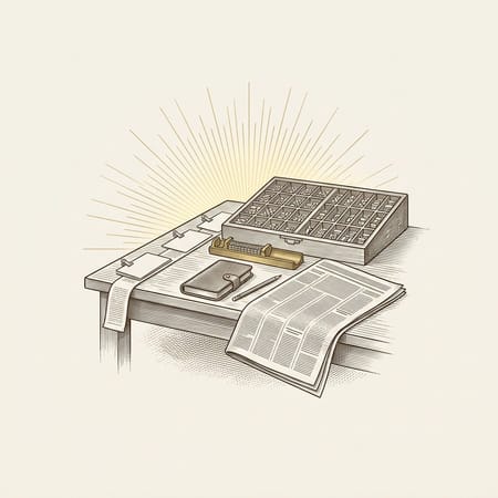 Engraving of a printer's table: a type case and a brass composing stick, a reporter's notebook and pencil, a folded newspaper, and index cards clipped along a galley proof, golden rays behind