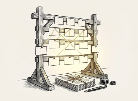 Engraving of a timber frame with index cards pinned in rows and linked by golden threads, a tied manuscript and fountain pen below