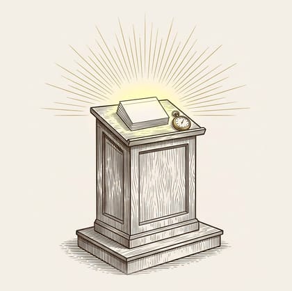 Engraving of a wooden lectern with a stack of cue cards and a brass stopwatch, golden rays spreading from it