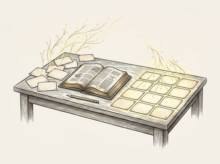 Engraving of a study table: scattered index cards on one side, the same cards in a neat glowing grid on the other